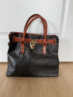 Michael Kors Dark Brown MK Logo Satchel with Cognac Trim